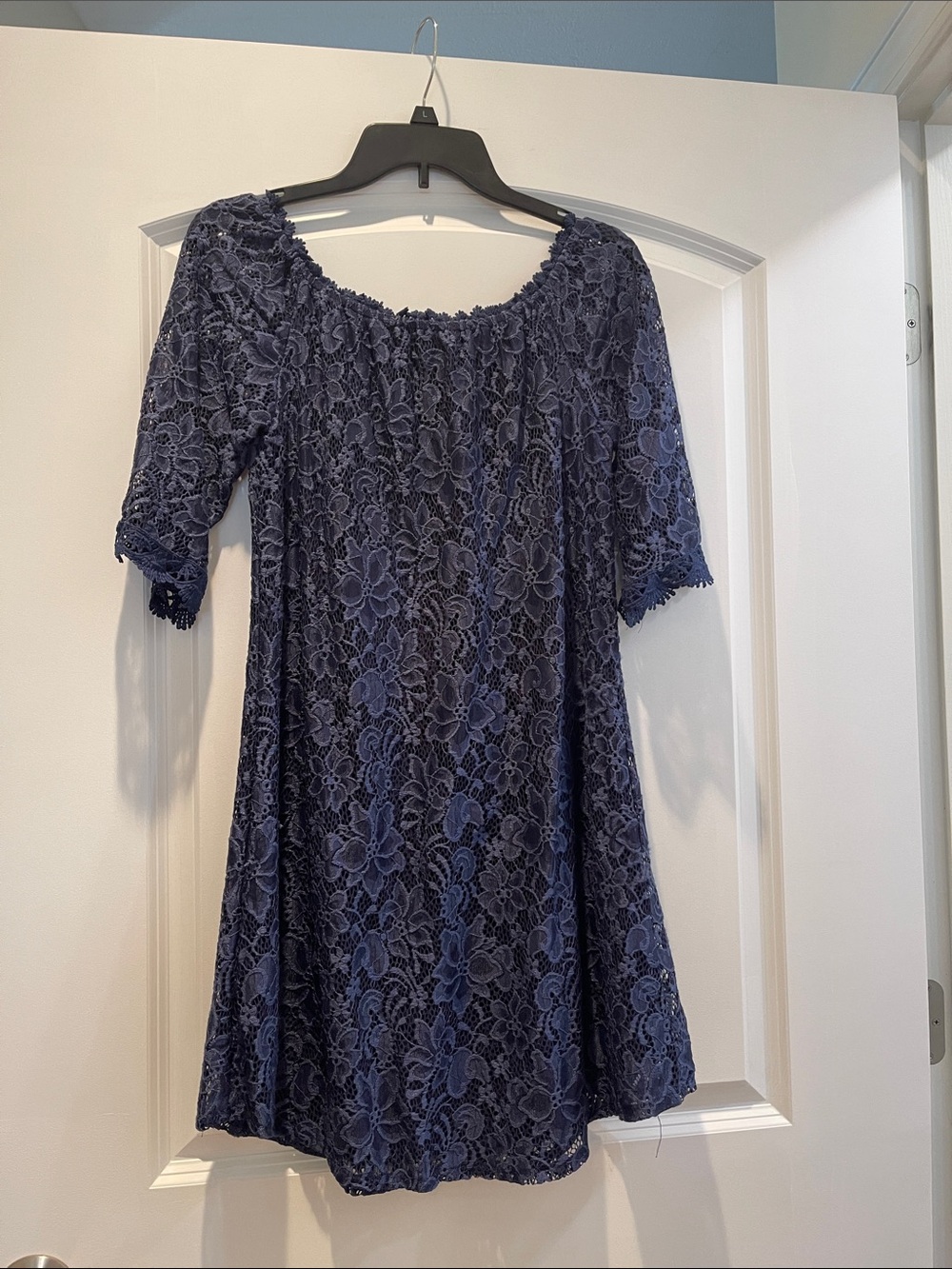 Off-Shoulder Navy Lace Mini Dress